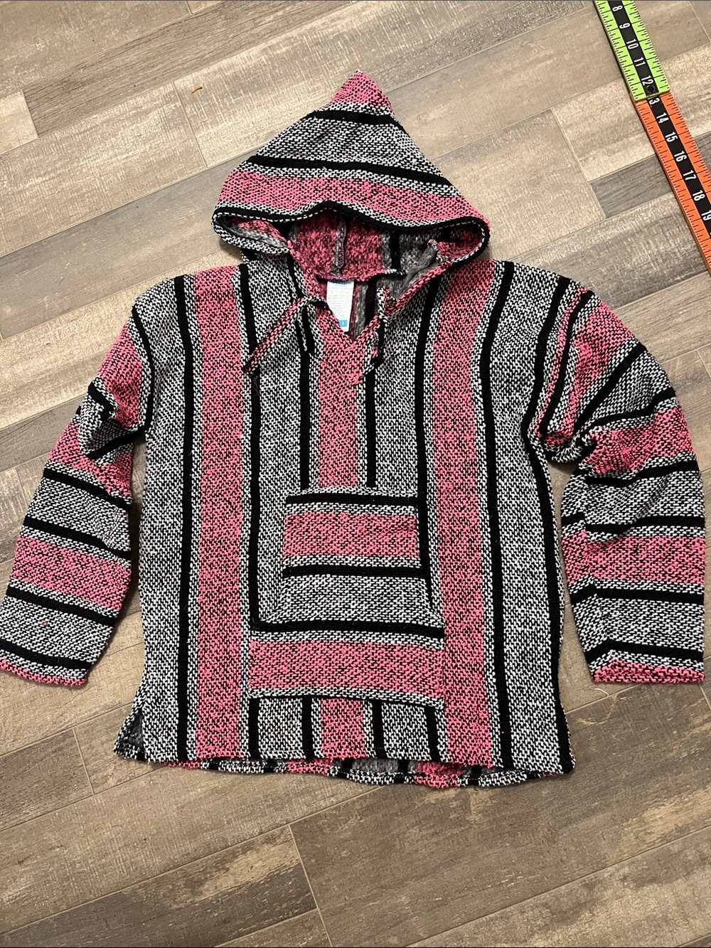 Striped Hooded Baja Poncho in Hot Pink & Black